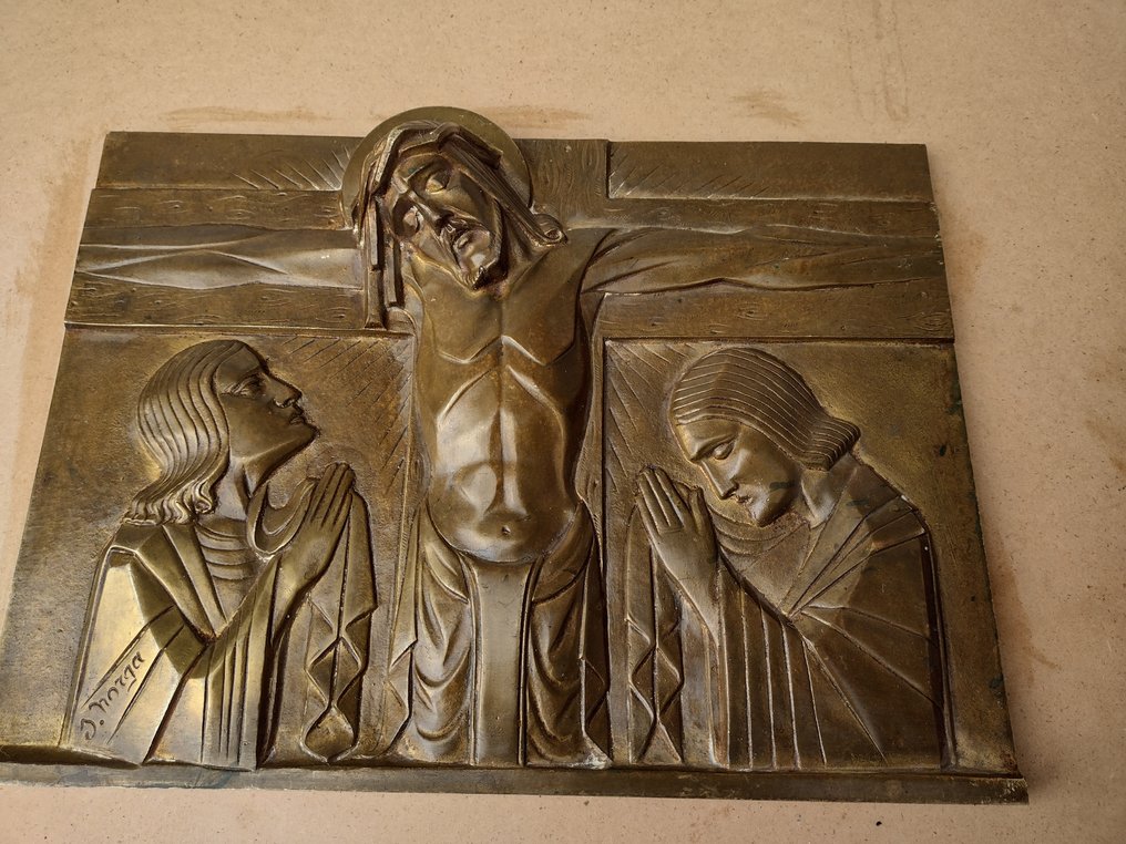 Sylvain Norga - Plakette - Kristus korsfæstet med Maria og apostlen Johannes - Bronze #1.1