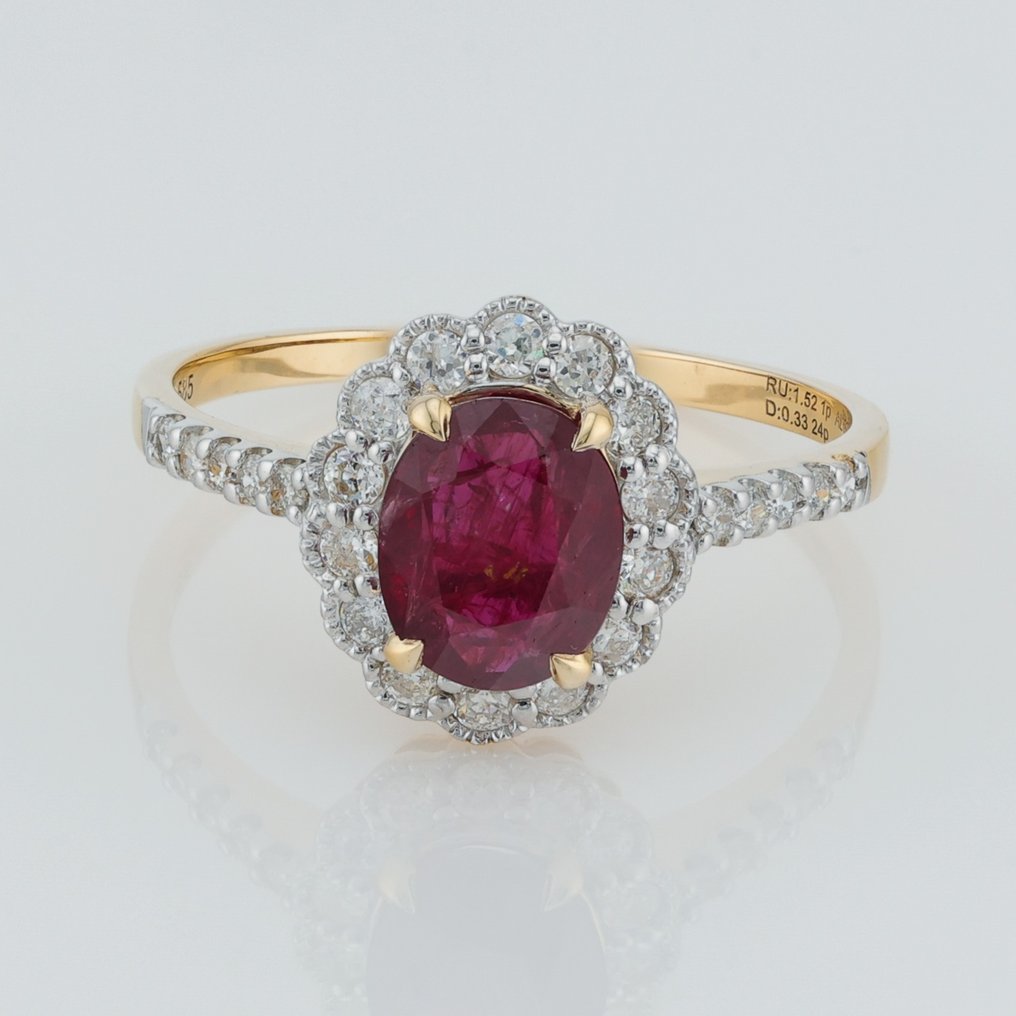 (ALGT Certified) Ruby 1.52 Cts. Diamond 0.33 Cts. 24 Pcs - Ring - 14 kt Gelbgold, Weißgold #1.1
