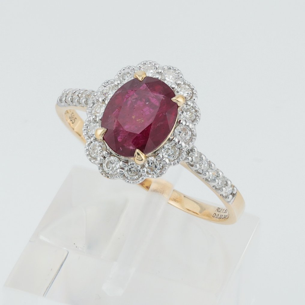 (ALGT Certified) Ruby 1.52 Cts. Diamond 0.33 Cts. 24 Pcs - Ring - 14 kt Gelbgold, Weißgold #1.2