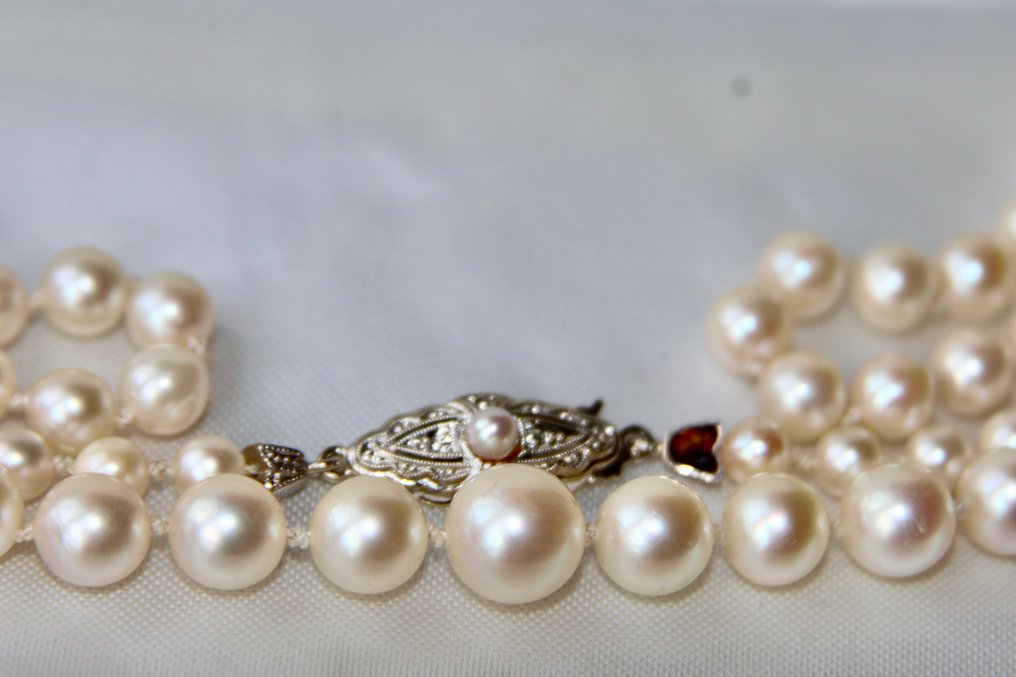 J. Köhle, (JKA) Pforzheim ca. 1925 genuine sea/saltwater selected pearls to 8mm - Collier - 14 carats Or jaune, Platine Perle #3.2