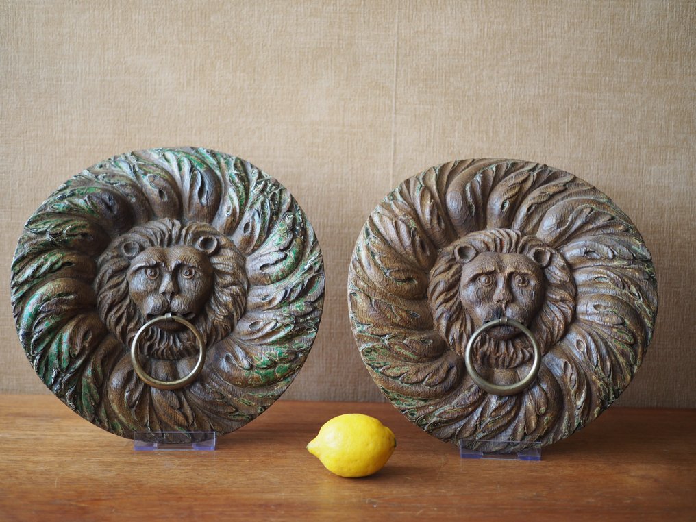 sculptuur, Pair of baroque lions - 29 cm - Hout #1.1