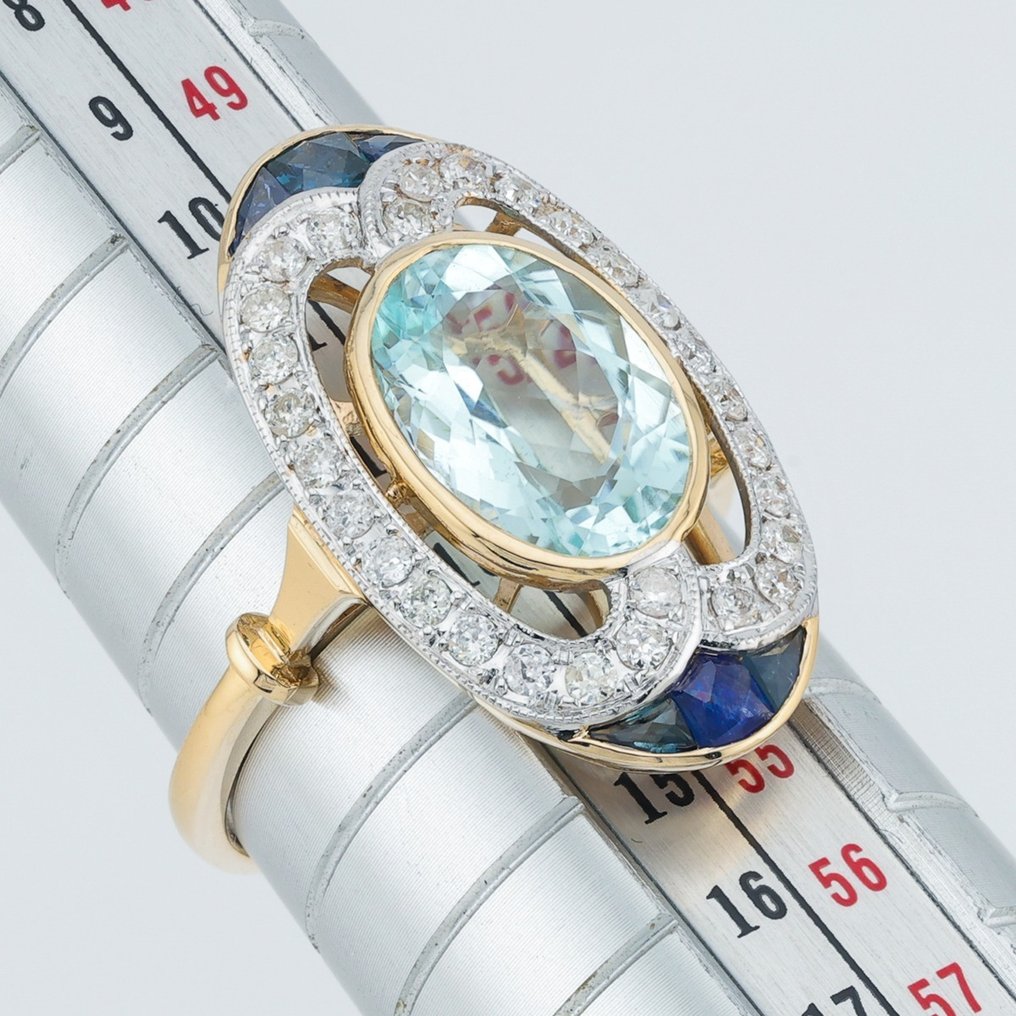 [GIA Certified] - (PARAIBA Tourmaline) 2.96 Cts - (Sapphire) 0.35 Cts (6) Pcs (Diamonds) 0.36 Cts - Ring - 14 kt. White gold, Yellow gold #2.1