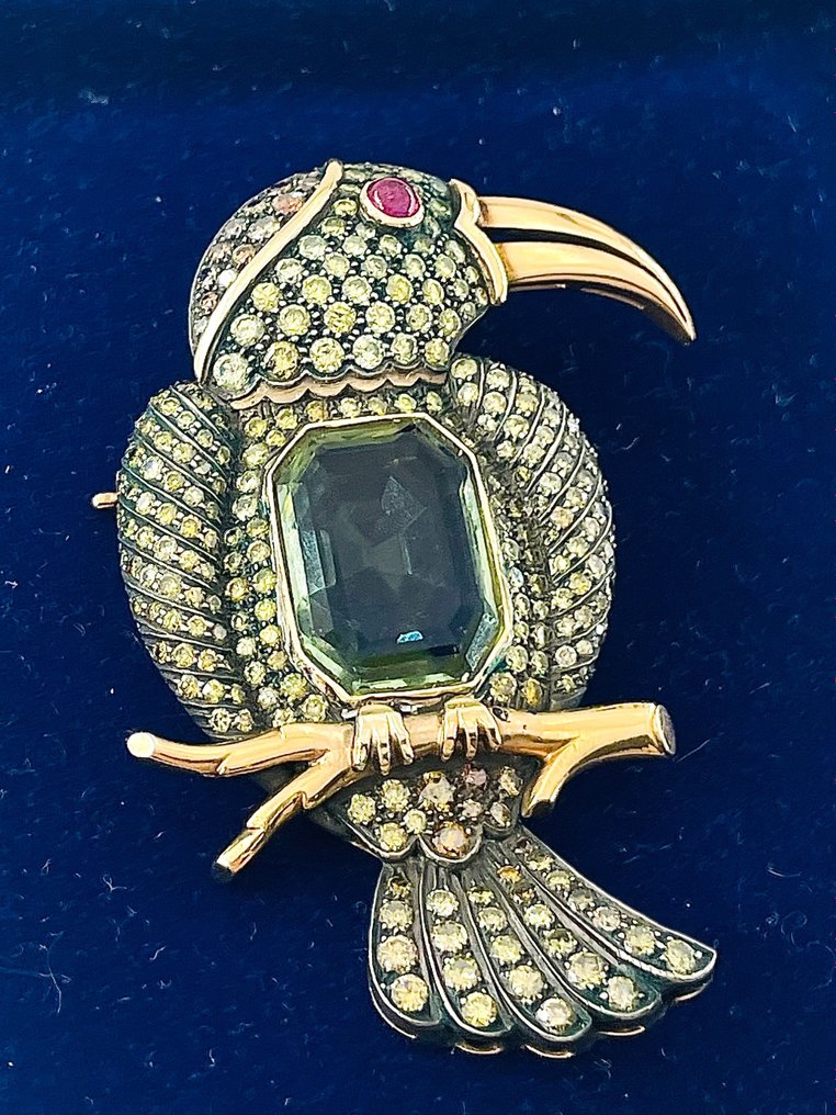 Brooch - 18 kt. Silver, Yellow gold Diamond  (Natural) - Ruby  #2.2