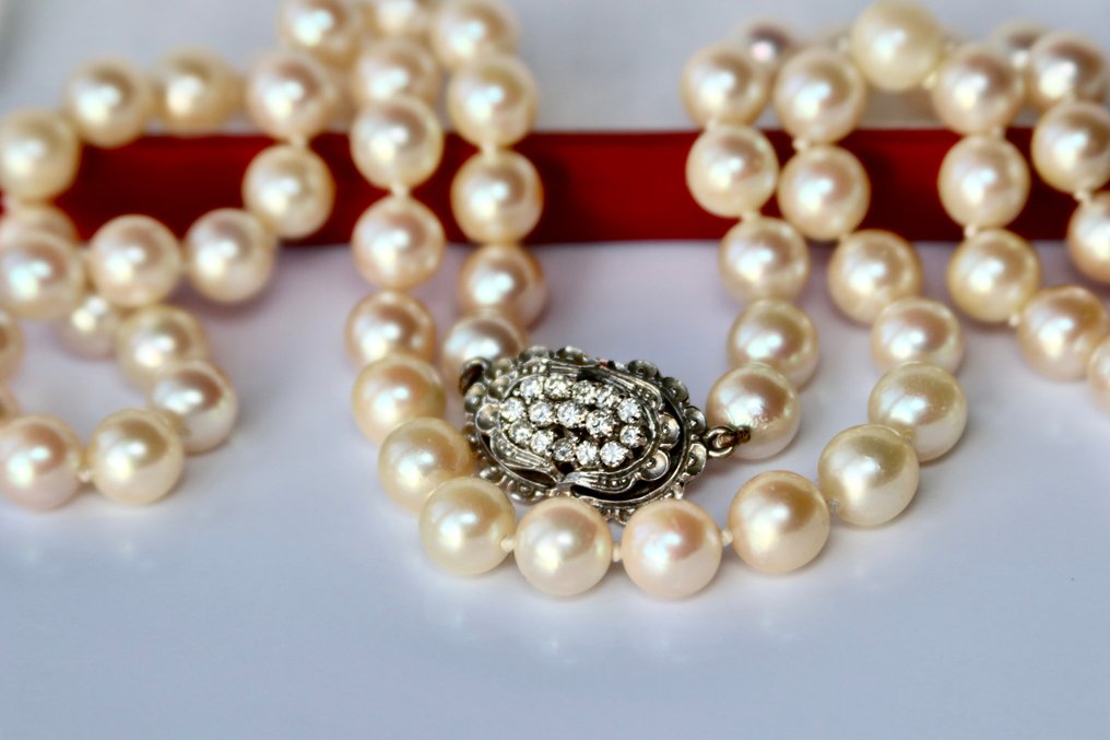 Halskette - 18 kt Weißgold, Akoya-Perlen -  0.60ct. tw. Diamant - Diamant #3.1