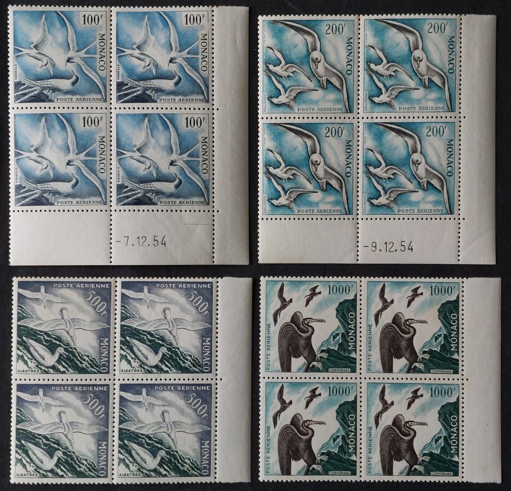 Mónaco 1955 - Aves marinhas, serrilhadas 11, blocos de 4, dois com canto datado - Yvert Poste aérienne 55-58 #1.1