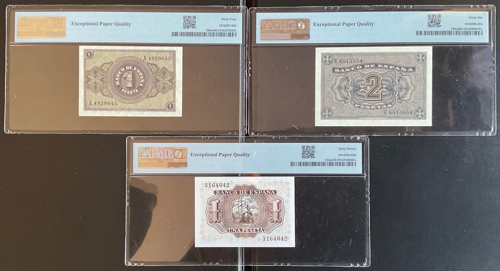 Spagna. - 3 banknotes - all graded - various dates - Pick 108a, 109a, 144a  (Senza Prezzo di Riserva) #2.1