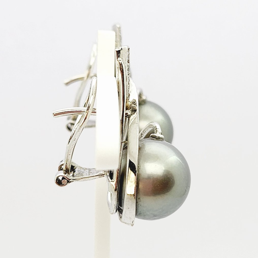 耳環 - 18 克拉 白金 -  0.21 tw. 鉆石  (天然) - 珍珠 #1.2