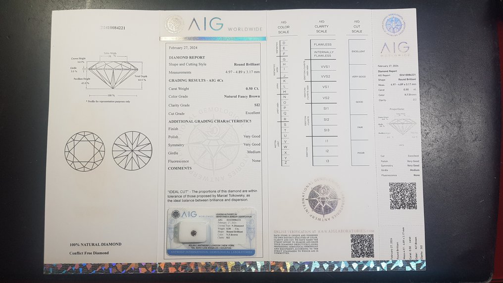 1 pcs Diamant  (Naturligt färgad)  - 0.50 ct - Fancy Brun - SI2 - Antwerp International Gemological Laboratories (AIG Israel) #3.1