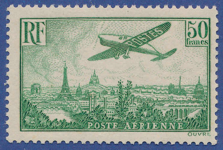 Francia 1936 - Avión sobrevolando París, 50 f. nuevo verde-amarillo**, firmado Calves - Poste aérienne 14 #1.1