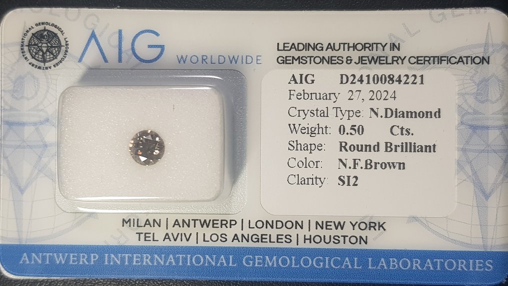 1 pcs Gyémánt  (Természetes színű)  - 0.50 ct - Fancy Barna - SI2 - Antwerpeni Nemzetközi Gemmológiai Laboratóriumok (AIG Israel) #2.1