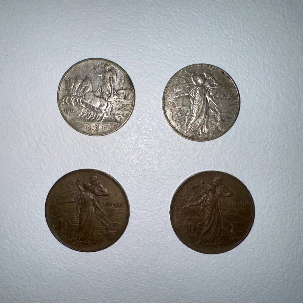 意大利， 意大利王国. 维托里奥·伊曼纽尔三世·迪·萨沃亚 （1900-1946）. 2 Lire / 10 Centesimi 1911 (4 monete) #1.1