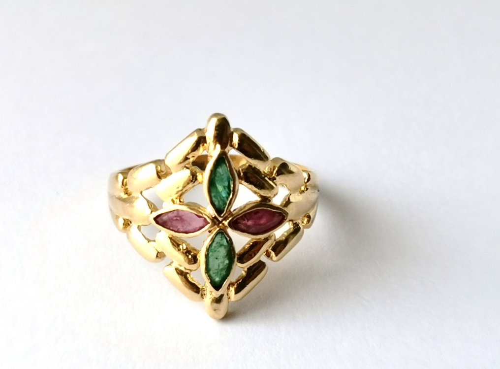 大戒指 - 18K包金 黄金, 祖母绿、红宝石 #1.1