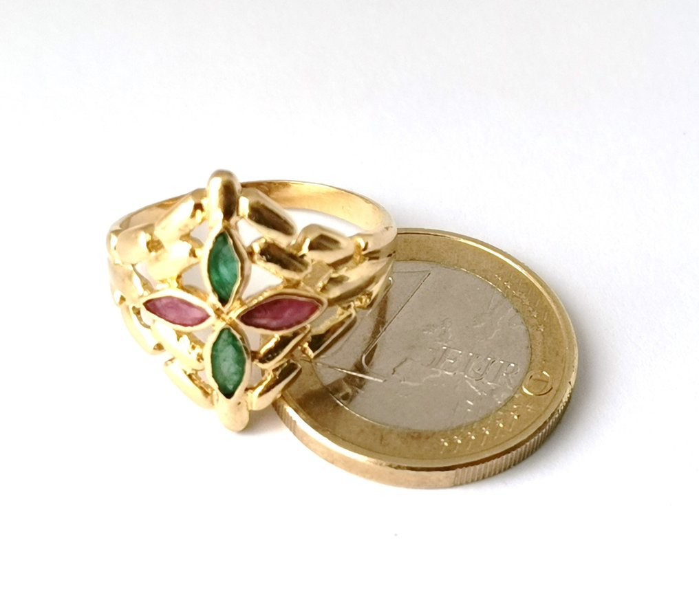 大戒指 - 18K包金 黄金, 祖母绿、红宝石 #3.1