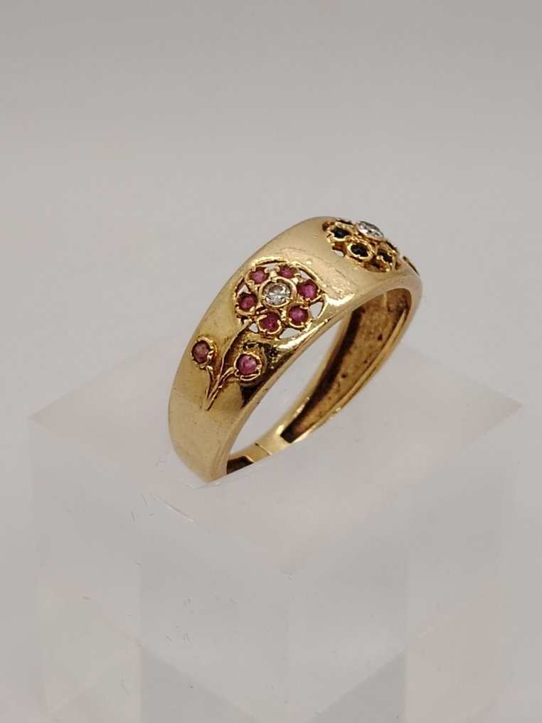 Δαχτυλίδι - 18 καράτια Κίτρινο χρυσό -  0.10 tw. Διαμάντι - Ρουμπίνι  #1.2