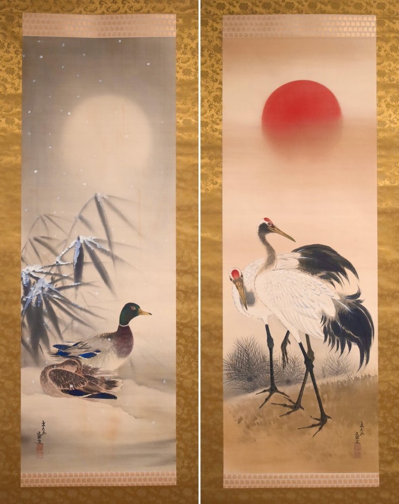 A pair of Hanging Scrolls - Hazy Moon 2 Ducks in the snow - Rising Sun 2 Cranes  - Original Wooden - “Baba Keisen 馬場景泉（1898-1950）” - Japán  (Nincs minimálár) #1.1