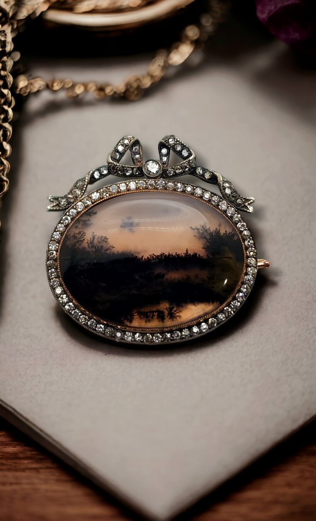 Fabergé - Brosche Antike russische Rose 14K Gold (56) Moos Achat & Diamant Brosche um 1890 Russe #1.1
