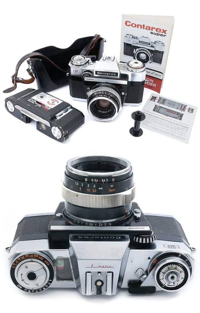 Zeiss Ikon Contarex Super + Planar 2/50mm BLACK LENS interchangeable back half leather case, strap, spool, Single lens reflex camera (SLR) #1.1