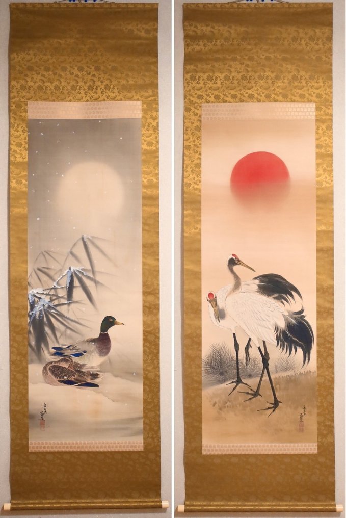 A pair of Hanging Scrolls - Hazy Moon 2 Ducks in the snow - Rising Sun 2 Cranes  - Original Wooden - “Baba Keisen 馬場景泉（1898-1950）” - Japan  (Ohne Mindestpreis) #1.2
