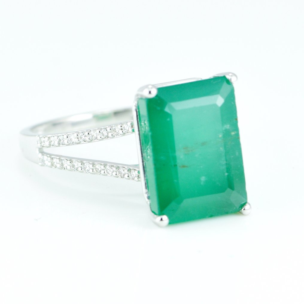 Ring - 14 karat Hvidguld -  7.91ct. tw. Smaragd - Diamant #2.1