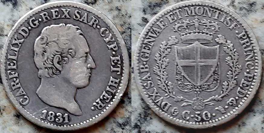 Italy, Kingdom of Sardinia. Carlo Felice di Savoia (1821-1831). 50 Centesimi 1831 Torino #1.1