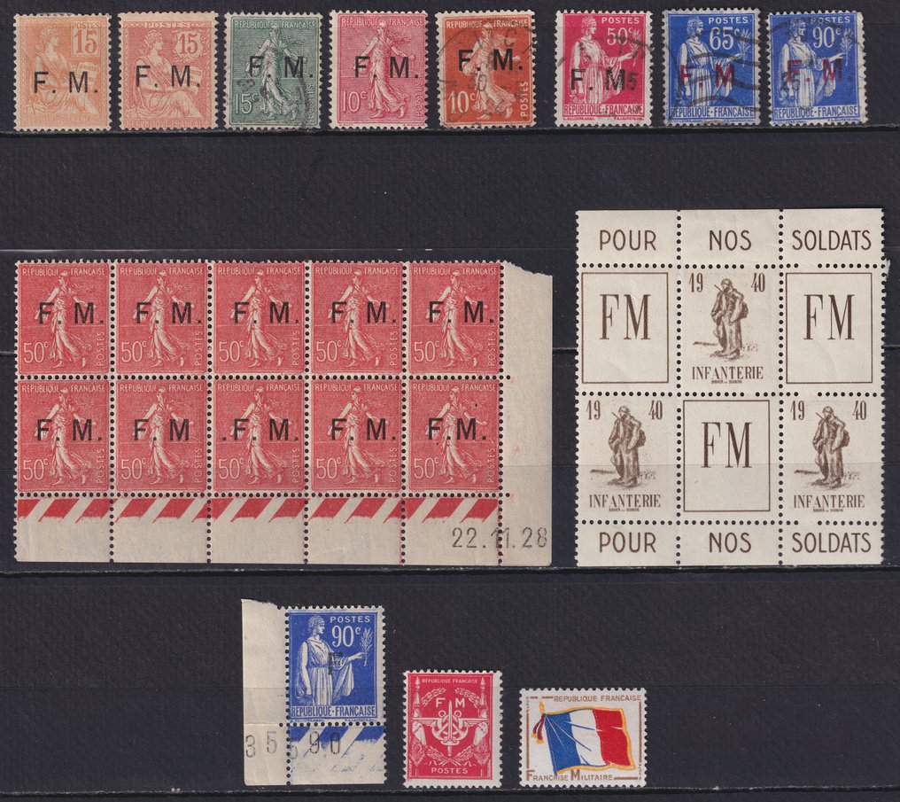 法國 1901/1964 - 1 號和 14 號 N**、N* 和 obl 之間的 FM 批次，包括塊和包。美麗的 - Yvert #1.1