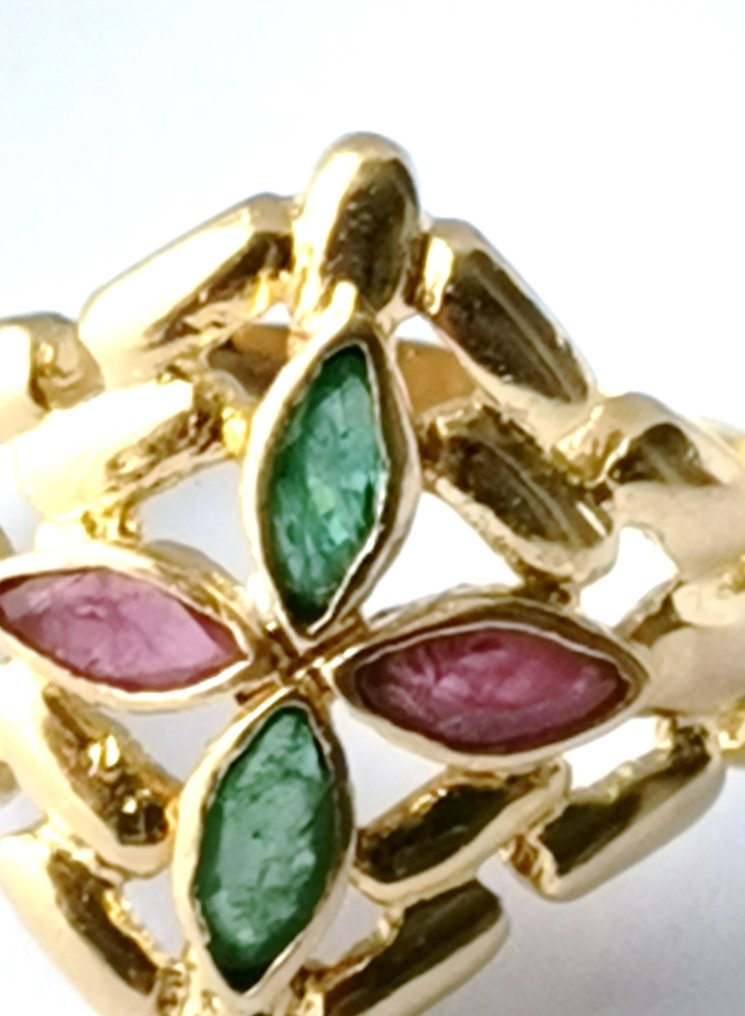 點睛戒指 - 18 克拉 黃金, 祖母綠、紅寶石 #2.1