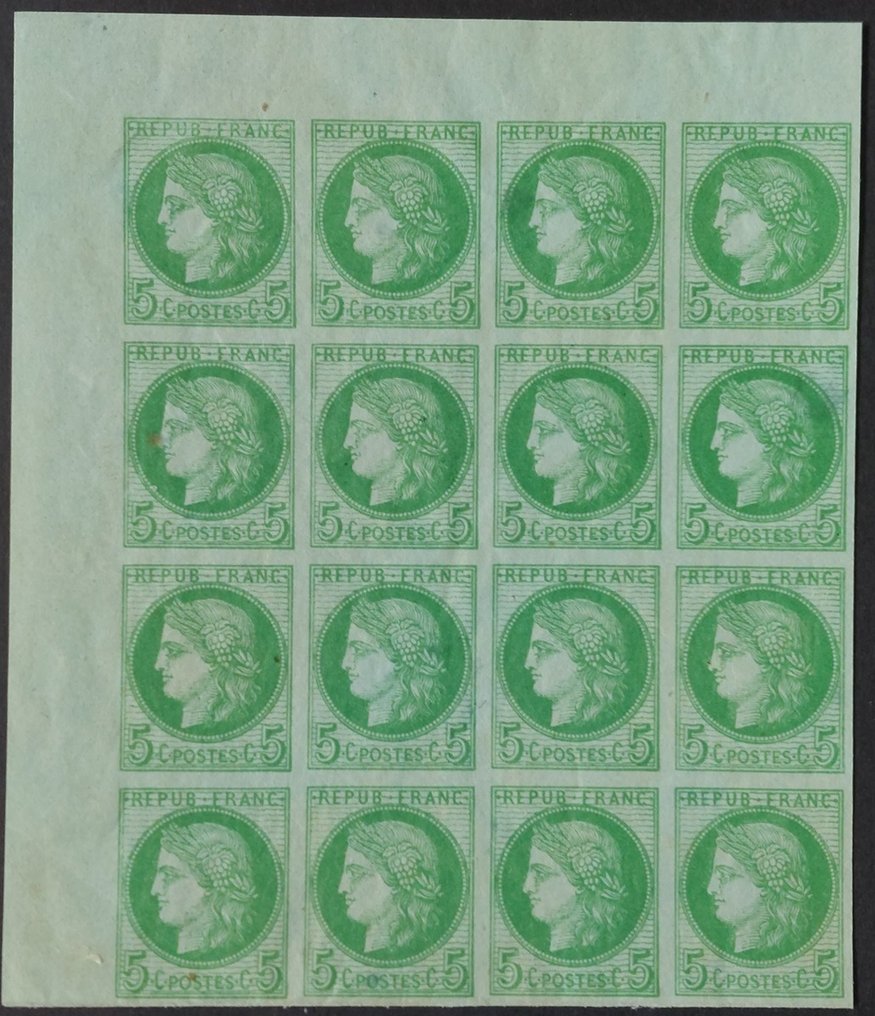Frankrijk 1872 - Ongekartelde Ceres, Derde Republiek, 5 c. groen-geel s. azuurblauw, blok van 16 - Yvert 53d #1.1