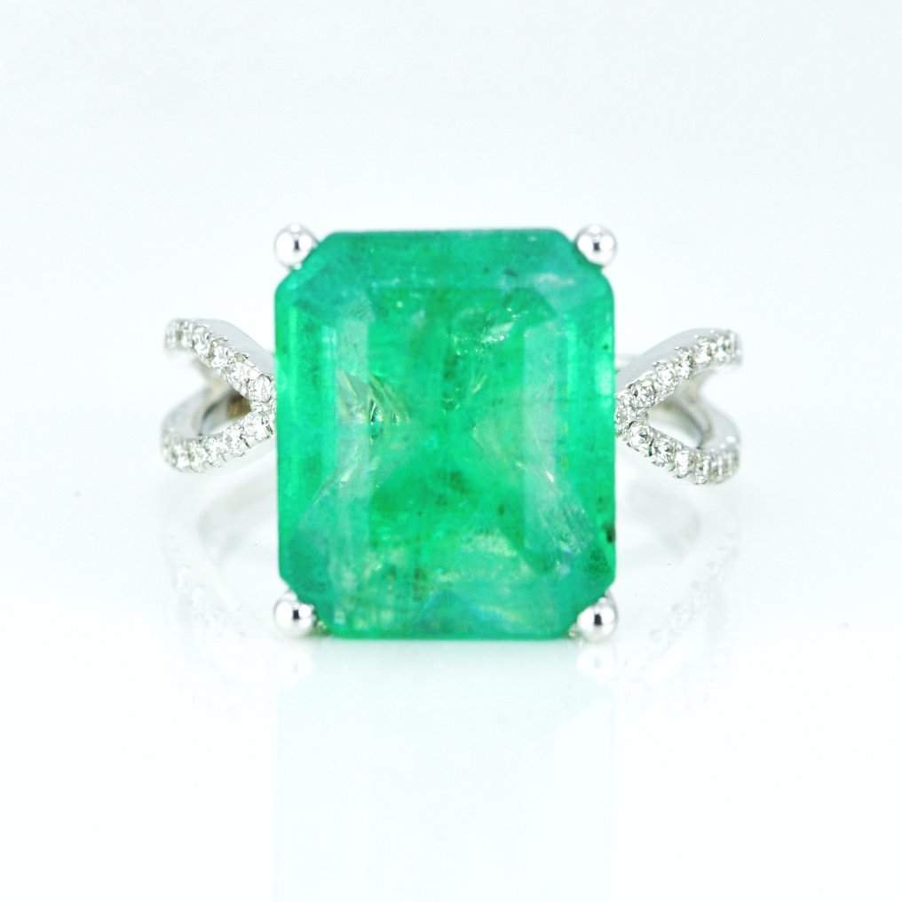 Ring - 14 karat Hvidguld -  7.50ct. tw. Smaragd - Diamant #1.1