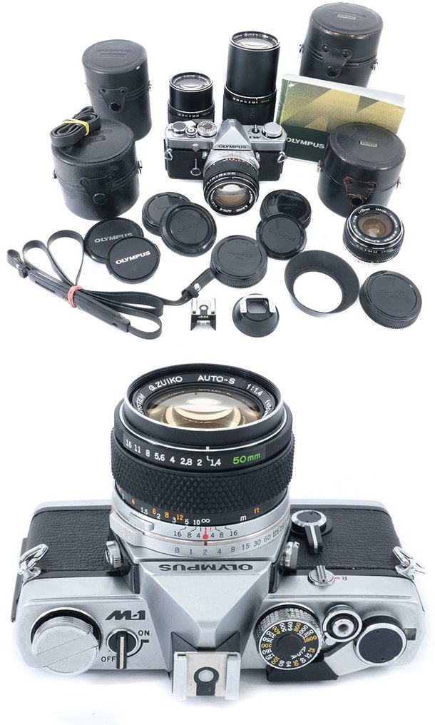 Olympus rare set: M-1 M1 + Zuiko 28mm + 50mm + 135mm + 200mm, hoods, caps, cases, Eyecup 1, Shoe 1, | Appareil photo argentique #1.1