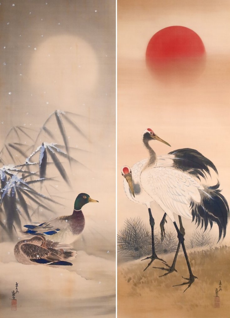 A pair of Hanging Scrolls - Hazy Moon 2 Ducks in the snow - Rising Sun 2 Cranes  - Original Wooden - “Baba Keisen 馬場景泉（1898-1950）” - Japonia  (Fără preț de rezervă) #2.1