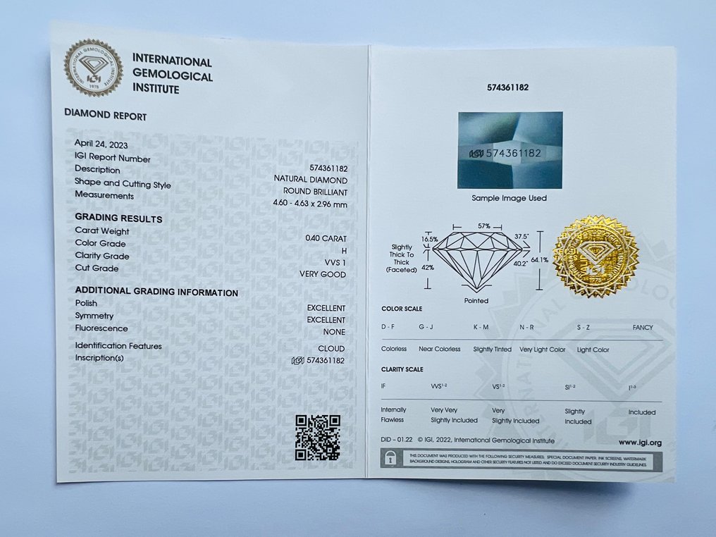 1 pcs Diament  (Naturalny)  - 0.40 ct - H - VVS1 (z bardzo, bardzo nieznacznymi inkluzjami) - International Gemological Institute (IGI) #2.1