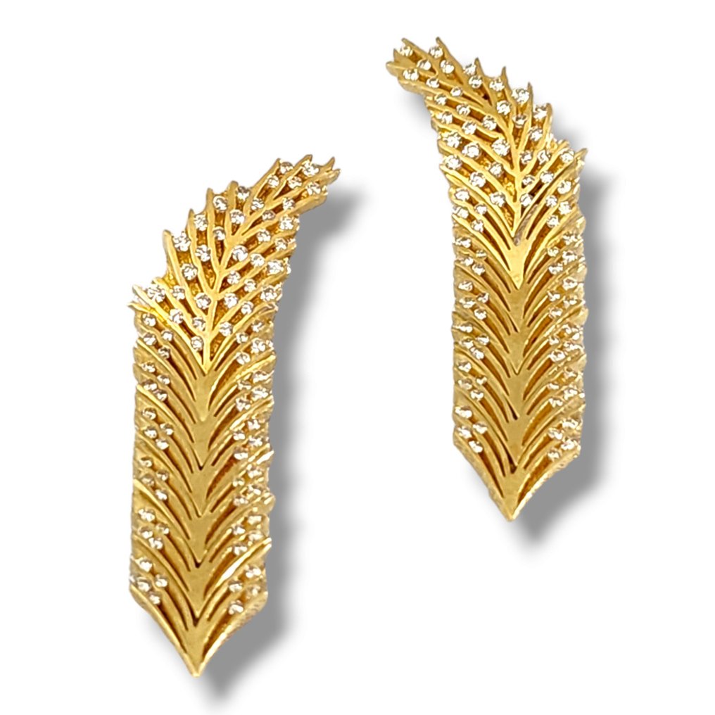 Σκουλαρίκια Καταπληκτικά μακριά σκουλαρίκια με πούπουλα χρυσού 18 καρατίων με διαμάντια 26 γραμμαρίων Διαμάντι #1.1