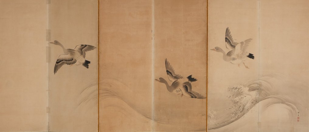 Byôbu 屏风 (折叠屏风) - 纸,丝绸,木头 - Signed ‘Keidô’ 渓堂 - 日本 - 明治甲戌年夏月,Anno 1874 #1.0
