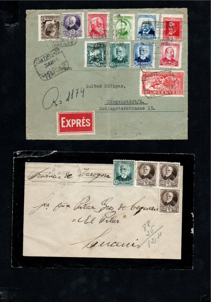 Spain 1931/1936 - Postal history. Includes express, certified, bisected, censored mail, etc. in letter or front. #1.1