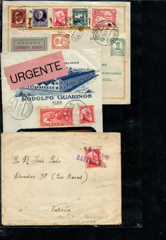 Spain 1931/1936 - Postal history. Includes express, certified, bisected, censored mail, etc. in letter or front. #2.1