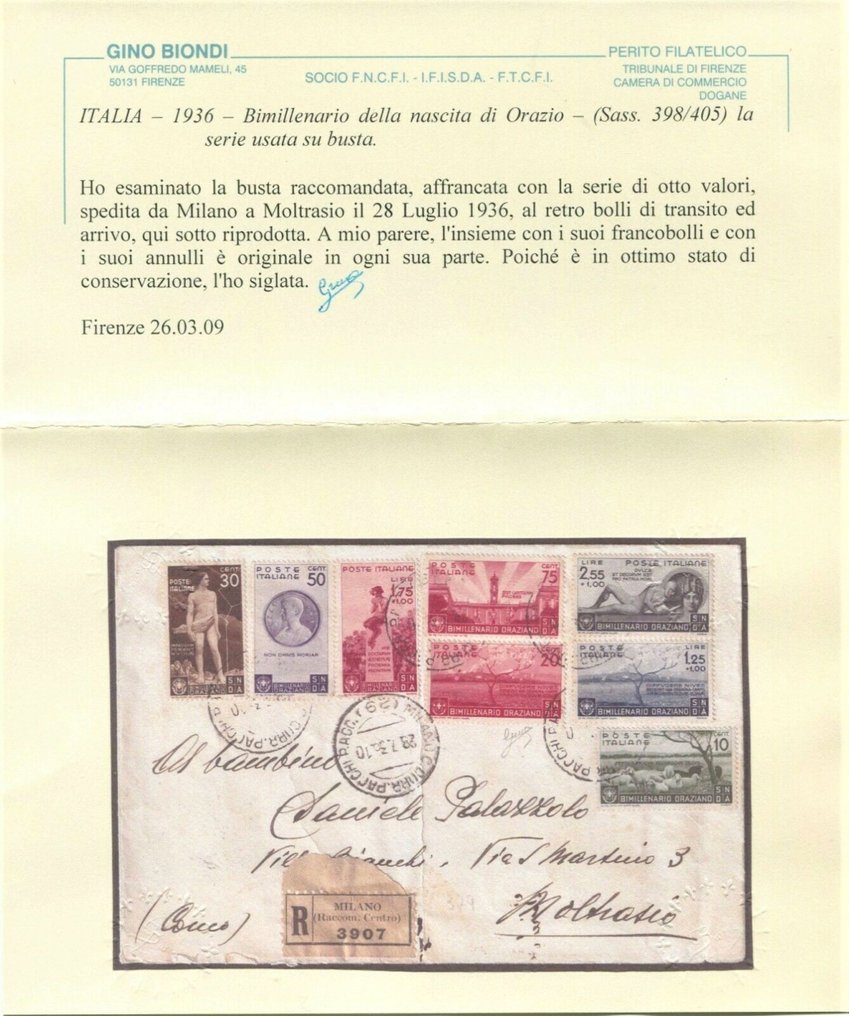 Italian kuningaskunta  - Horatian Bimillennial, täydellinen tavallinen sarja rekisteröidyssä kirjekuoressa - Sassone NN. 398/405 #2.1