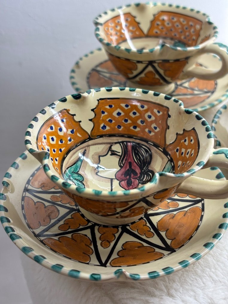 C.A.E.M - Cecconi Orvieto - Kaffe og te service (12) - Vintage Cecconi Orvieto Pottery Teacup & Saucer, Tazza da tè in ceramica d'arte popolare in maiolica - Keramik #3.1