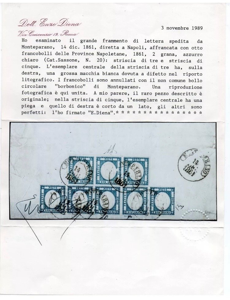 意大利古城邦 1861 - Sass #20 - 蒙特帕拉诺至那不勒斯 - cv 15.000 - 2gr Azzurro Chiaro strips 3+5 #2.1