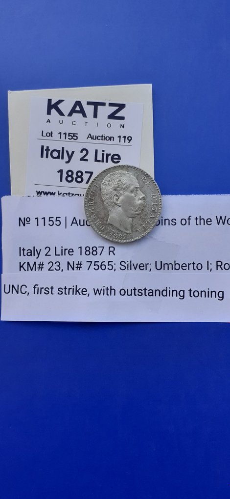 Italië, Koninkrijk Italië. Umberto I di Savoia (1878-1900). 2 Lire 1887 #1.1