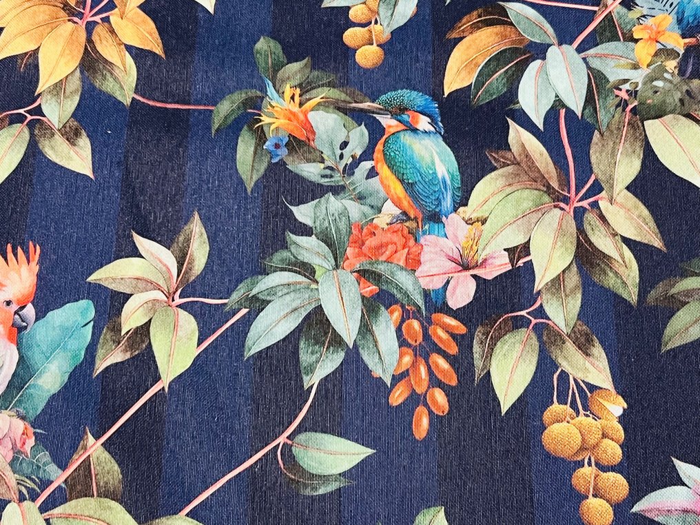 Esclusivo e raffinato tessuto in cotone- design "Uccelli tropicali su sfondo fasciato" - Tessuto per tappezzeria  - 300 cm - 280 cm #2.2
