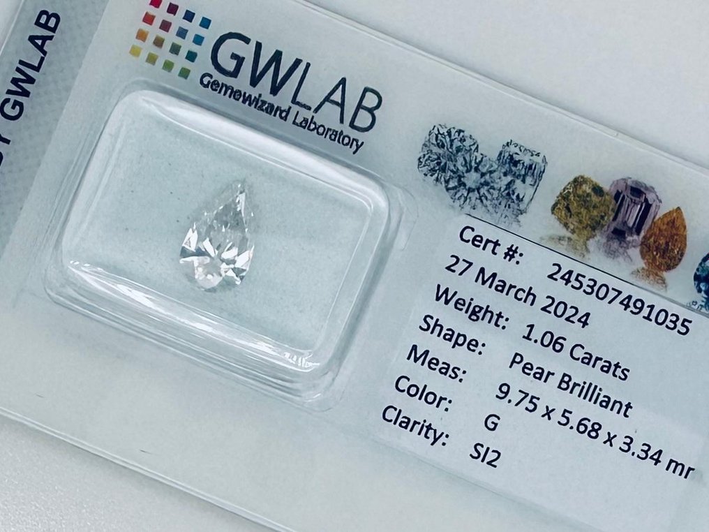 1 pcs Diament  (Naturalny)  - 1.06 ct - gruszkowy - G - SI2 (z nieznacznymi inkluzjami) - Gemewizard Gemological Laboratory (GWLab) #2.2