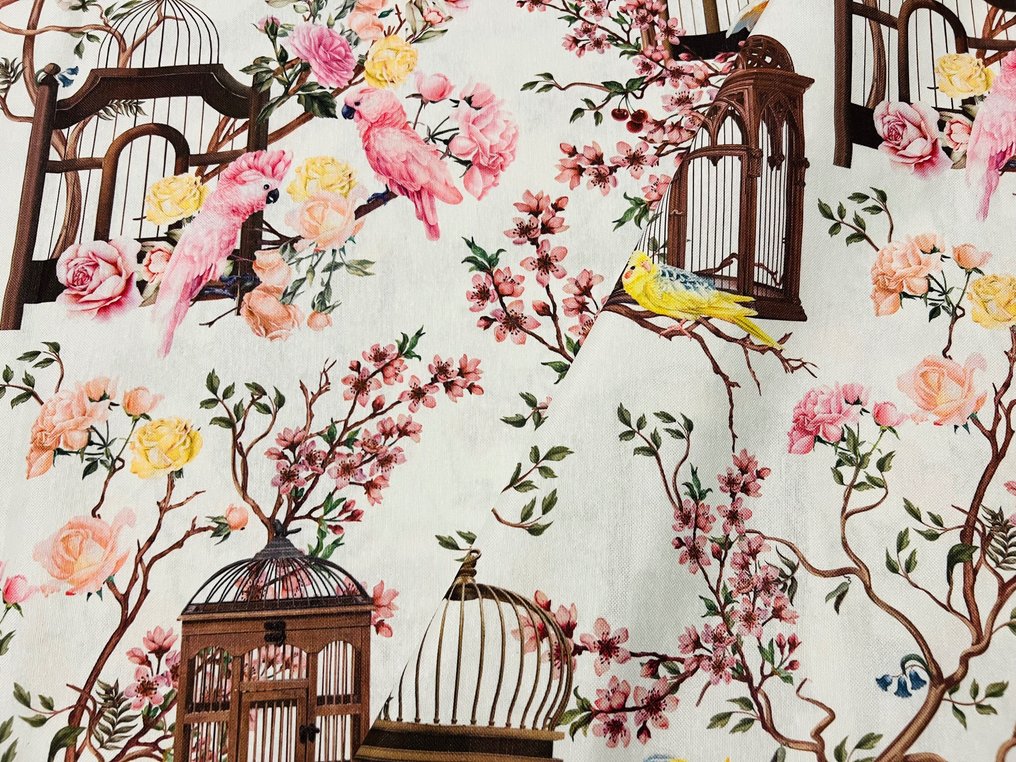 Harmony and Freedom - Cotton Fabric with Cages and Parrots on Blooming Branches - Upholstery fabric - 600 cm - 140 cm #3.2