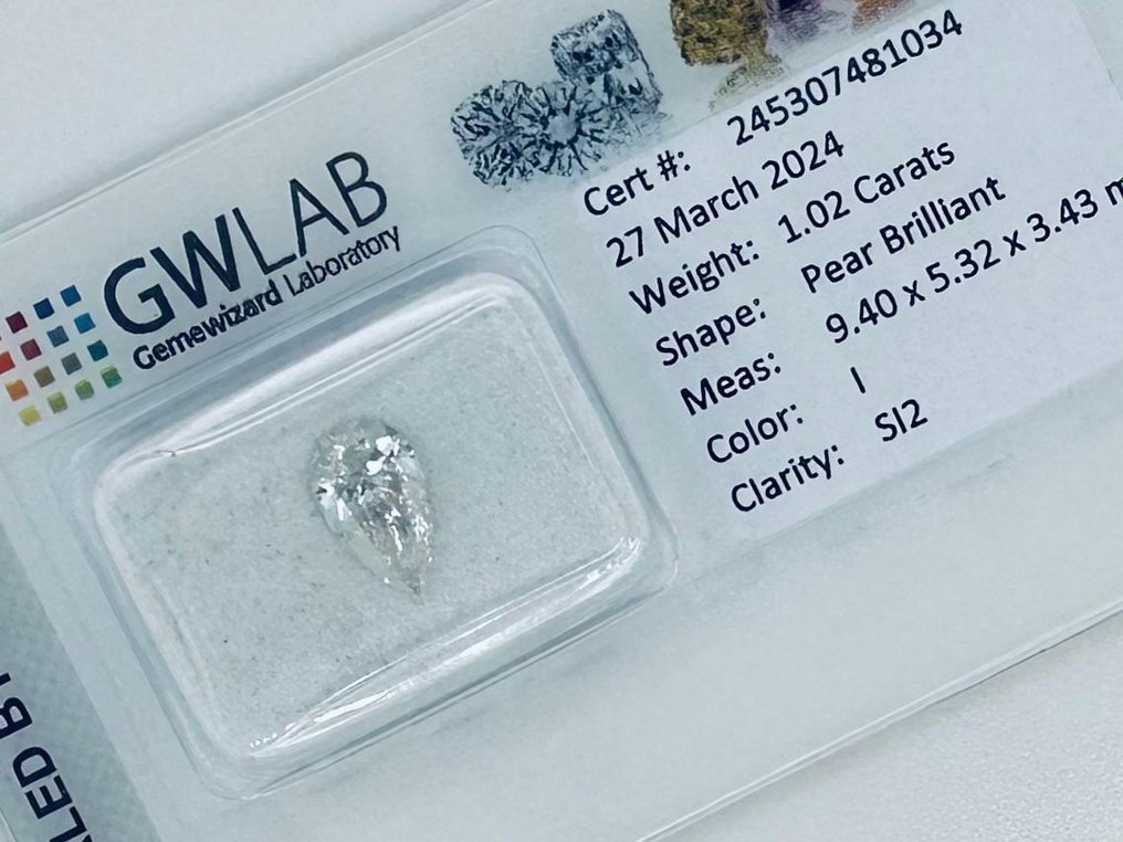 1 pcs Diamant  (Natuurlijk)  - 1.02 ct - Peer - I - SI2 - Antwerp International Gemological Laboratories (AIG Israel) #2.1