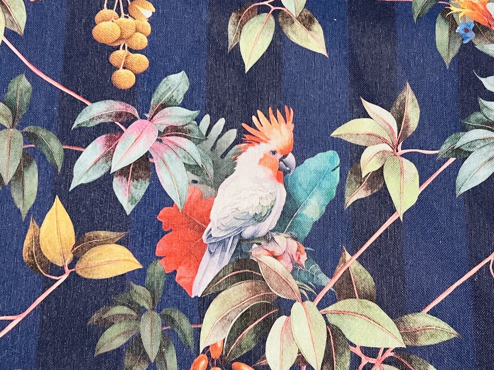 Esclusivo e raffinato tessuto in cotone- design "Uccelli tropicali su sfondo fasciato" - Tessuto per tappezzeria  - 300 cm - 280 cm #2.1