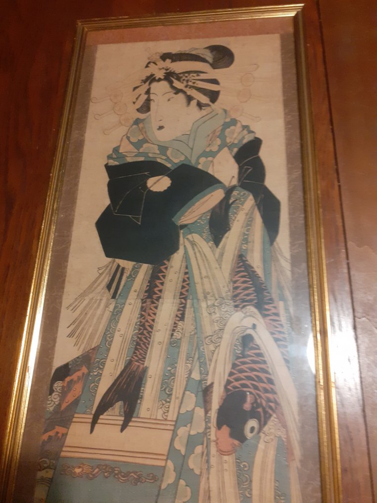 Original woodblock print vertical diptych - Courtesan wearing a leaping carp obi - ca 1830 - Japan - Edo Period (1600-1868) #1.2
