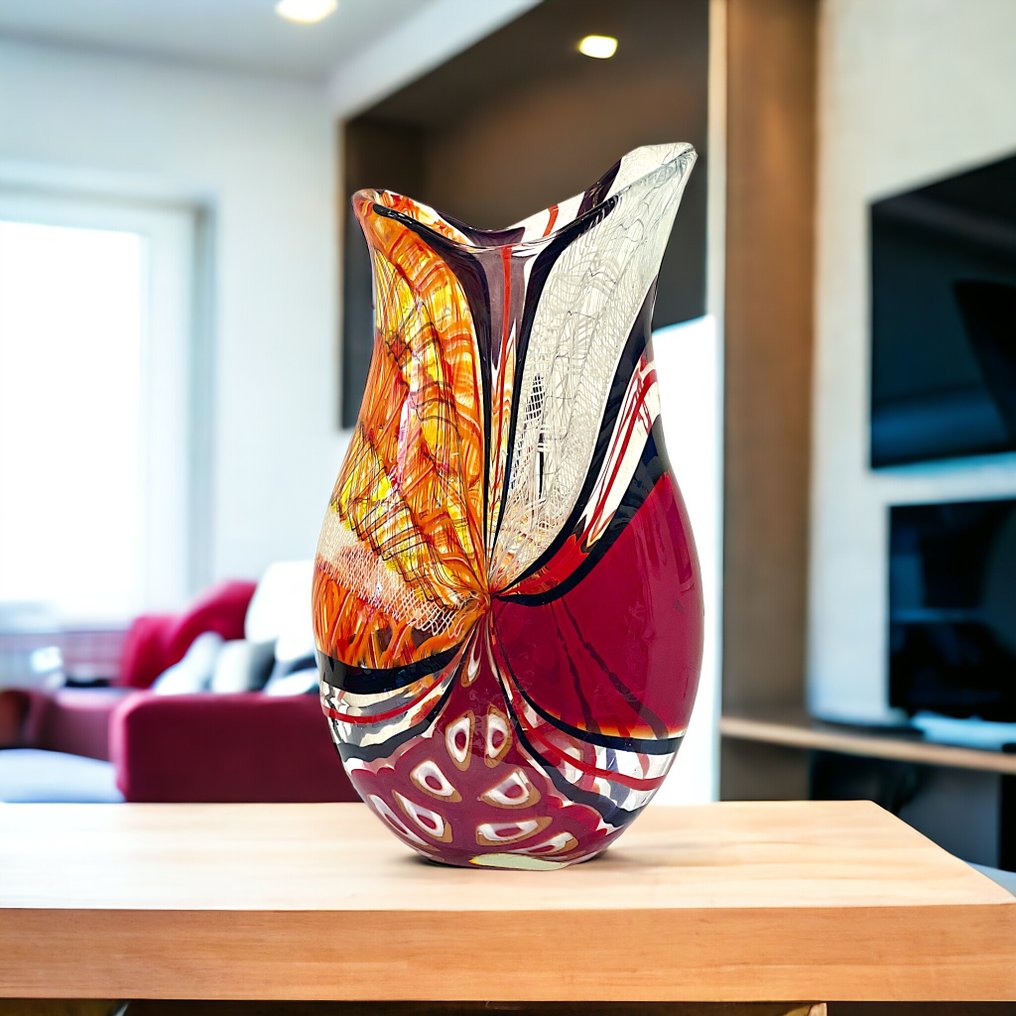 Filippo Maso - Vase -  Large red vase with filigree, murrine and reticello  - Glass #1.2