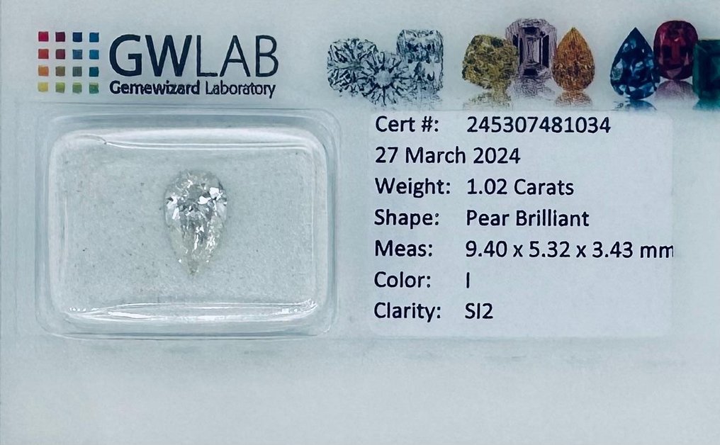 1 pcs Diamant  (Natuurlijk)  - 1.02 ct - Peer - I - SI2 - Antwerp International Gemological Laboratories (AIG Israel) #3.2