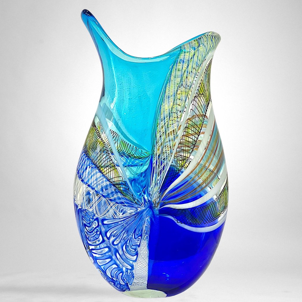 Filippo Maso - 花瓶 -  大藍色/淺藍色花瓶，飾有金絲、鼠尾草和網紋  - 玻璃 #1.1