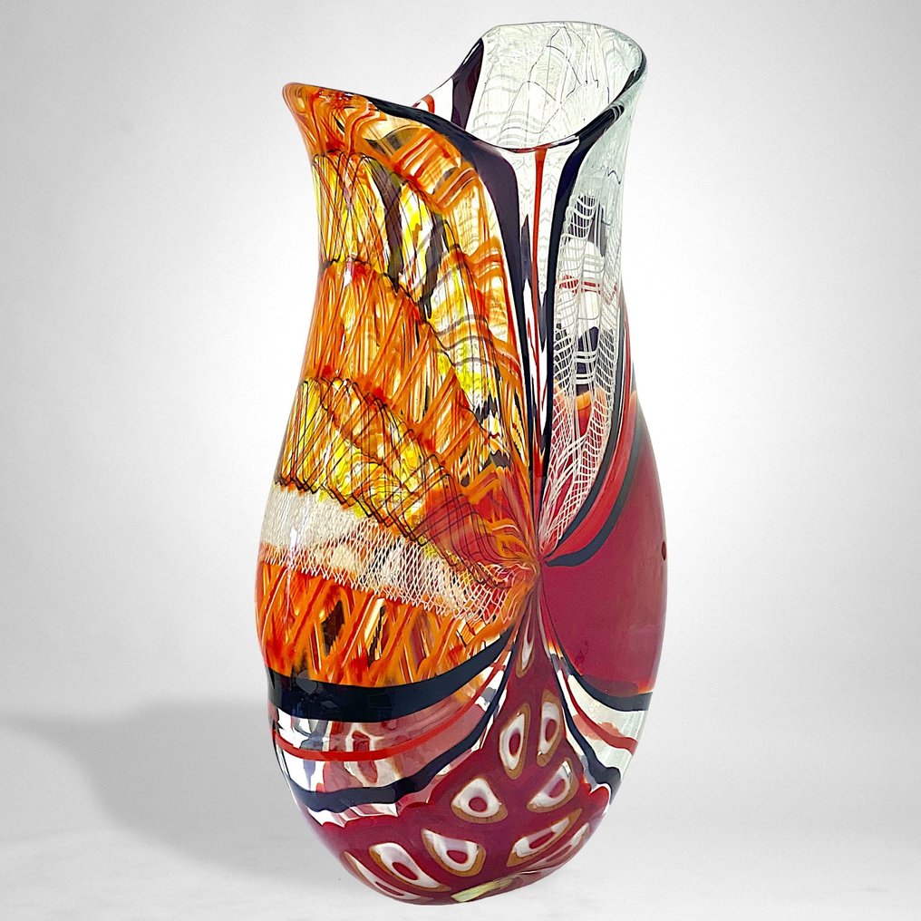 Filippo Maso - Váza -  Nagy piros váza filigrán, murrin és reticellóval  - Üveg #2.1