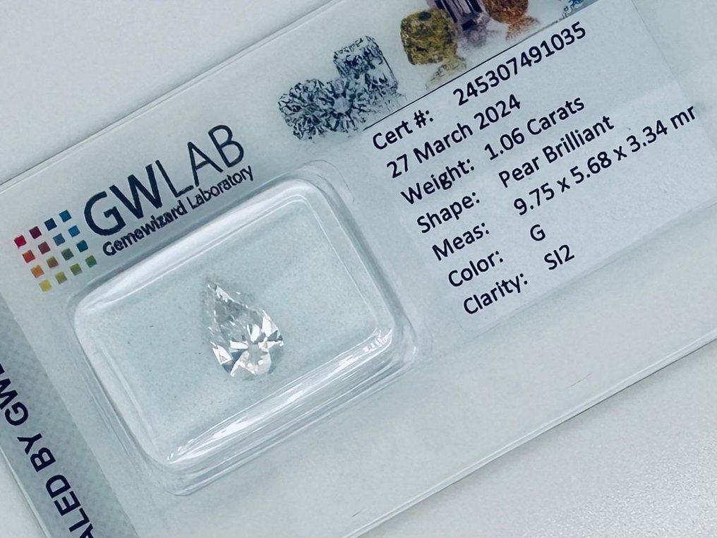 1 pcs Diament  (Naturalny)  - 1.06 ct - gruszkowy - G - SI2 (z nieznacznymi inkluzjami) - Gemewizard Gemological Laboratory (GWLab) #2.1
